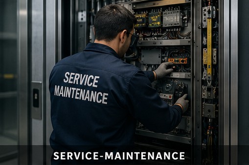 Technician servicing an elevator motor room
