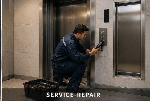 Elevator repair technician at work